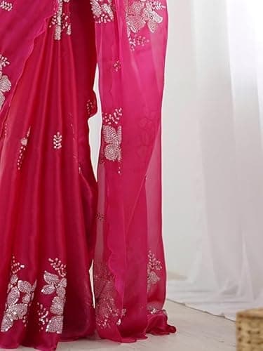 Flosive Women's Shimmer Organza Sequence Embroidery Saree With Unstitched Blouse Piece (RANI PINK) 6