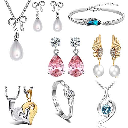 Valentine Gift Om Jewells Gold And Rhodium Plated Crystal Jewellery Set Of 1 Pendant Set Drop/Dangler Earring Adjustable Finger Ring And Bracelet And Pendant For Girls And Women CO1000279