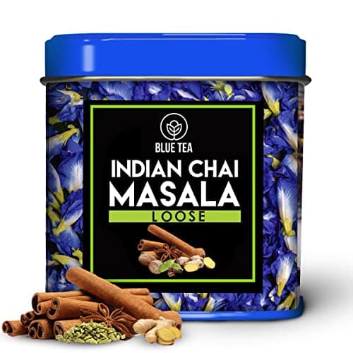BLUE TEA - Indian Chai Masala Tea | Calming Masala Tea - 50g - 50+ Cups | MASALA SPICY TEA | Ginger, Cardamom, Cinnamon | Caffeine-Free | Herbal Tea | Shark Tank Featured | Tin Pack