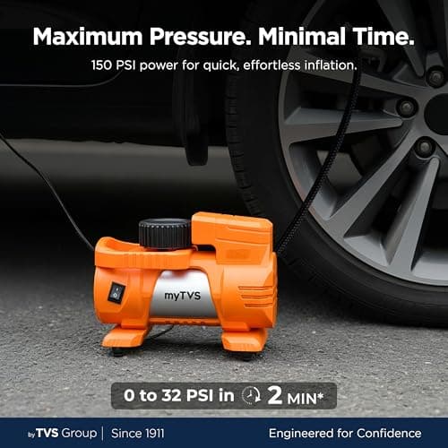 myTVS Air Thunder Tyre Inflator for Car and Bike with LED Torch (150 PSI, Analog Meter, Metal Body, 3m Cord) | Air Pump for Car Tyre Inflator Pump TI-9, 1+1 Years Warranty 2