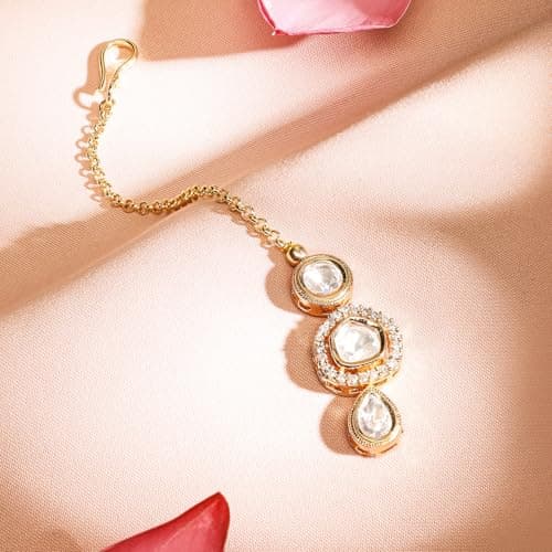 Rubans 22K Gold Plated White Kundan & Cubic Zirconia Studded Delicate Maangtikka Elegant Traditional Jewellery for Women & Girls 3
