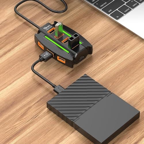 SPIN CART 10-Port USB 2.0 Hub with RGB Lighting, High-Speed Multi Hub Splitter, 1.2m Cable, Power Adapter, Carbon Fiber Pattern Design for Desktop, Laptop 5