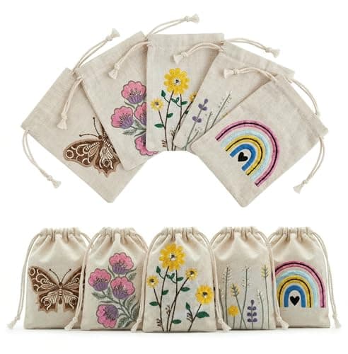 Greenfold 10 Pcs Embroidered Cotton Drawstring Pouches | Reusable Small Gift Bags for Jewelry, Coins & Return Gifts | Eco-friendly Cotton Potli Bag With String Closure | Multipurpose Organizer