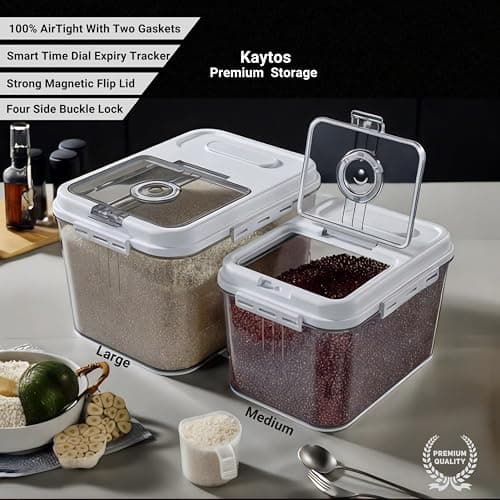 KAYTOS Rice Storage Container 15KG| Large & Big Size Airtight Kitchen Container Box|Plastic Air Tight Multigrain Pulses Dal Grain Atta Flour Dispenser|Grocery Pantry Food Organizers Boxes,Transparent 2