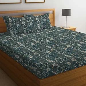 LOOMLYFE 300 TC Cotton Feel Glace Cotton Elastic Fitted Printed King Size Double Bed Bedsheet With 2 Pillow Covers Fits Upto 8 Inches Mattress, Size- 72X78 Inches, Peacocksunflower, Green