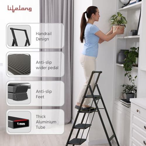 Lifelong 4 Steps Steel Ladder with Handle for Home, Foldable & Portable Stairs, Versatile Use for Kitchen, Bathroom & Office Foot Stool - Multipurpose Step Stool with 150 Kg Capacity (LLSLH04, Black) 5