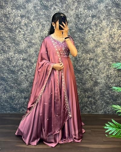 Dhanushlifestyle Women Dress | Jumpsuit | Jumpsuits for Women Stylish Mauve Satin Anarkali Gown Dress with Embroidered Yoke, Flared Floor Length Ethnic Dress (in, Alpha, S, Regular, Pink) 3