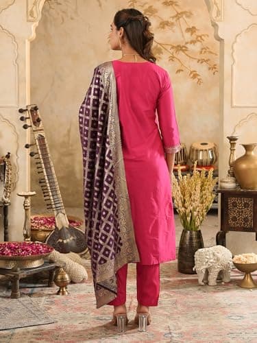INDO ERA Women's Silk Blend Yoke Sequins Embroidered Straight Calf Length Kurta with Pant & Dupatta Set (Pink_IESTR10960_XX-Large) 4