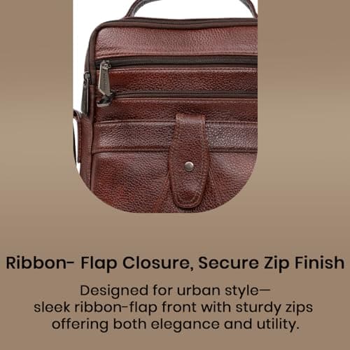 Rich Born Front Ribbon Flap Genuine Leather Men’s Sling Bag | Multi-Pocket Crossbody Messenger with Top Handle, Front Zip Pocket, Adjustable Strap | Compact Travel & Office Everyday Carry|Brown 5