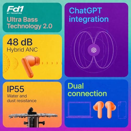 FD1 TWS Wireless Earbuds, Bluetooth 5.0, in-Ear, Black, Touch Control, 40 Hours Battery, with Charging Case (Orange) 2