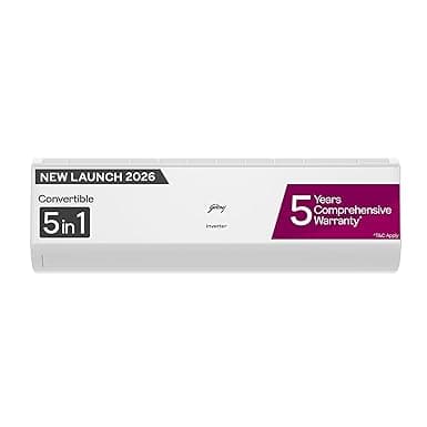 Godrej 1 Ton 5 Star, New Star rated, 5 Years Comprehensive Warranty, AI Powered, 5in1 Convertible Cooling, Inverter Split AC (Copper,Heavy-Duty Cooling at 52° C, AC 1.0T EC HIC 12J5TG WA,White)