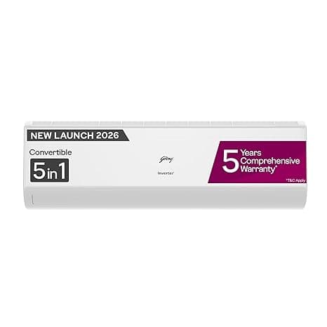 Godrej 1 Ton 5 Star, New Star rated, 5 Years Comprehensive Warranty, AI Powered, 5in1 Convertible Cooling, Inverter Split AC (Copper,Heavy-Duty Cooling at 52° C, AC 1.0T EC HIC 12J5TG WA,White)