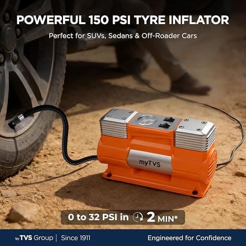 myTVS air Monster Heavy Duty Tyre Inflator for SUV/Sedan, 150 PSI Metal Body fast Inflation Air Pump for Car tire with Dual Cylinder High-Performance Compressor with LED & 1+1 Year Warranty (TI-18) 2