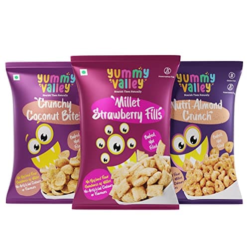 Yummy Valley Assorted Millet Snacks, 25g x Pack of 3 | Healthy Baked Snacks | Gluten Free Maida Free | No Refined Sugar | Jowar Based Crispy Bites | Ready to Eat Snack Combo for Kids