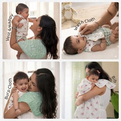 haus & kinder Newborn Baby Shower Gift Set (Pack of 10) | 100% Cotton New Born Baby Essentials Kit with Swaddle, Muslin Blanket, Carrier Nest | Scarlet Edition 3