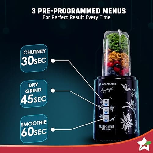 Wonderchef Nutri Blend Smart CKM Automatic Mixer Grinder with Dual Pulse Function|22000 RPM|100% Full Copper Motor|4 Unbreakable Jars|500 W|2 Years Warranty|Recipe book by Chef Sanjeev Kapoor| Black 4
