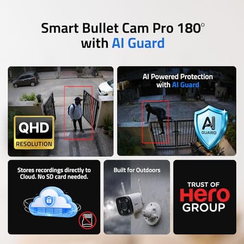 Qubo Smart Bullet Cam Pro 180° by Hero Group | STQC Certified | AI Person Detection | Automatic Alarm & Spotlight | Night Vision | IP66 Rating | Records Directly on Cloud | No SD Card Required 2