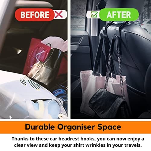APPUCOCO Car Seat Headrest Storage Hooks/Hanger Universal Durable Organiser Space Saver for Handbag (Black, Pack of 4) 3