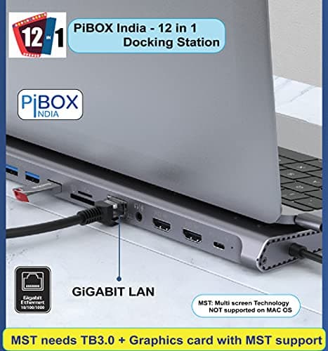PiBOX India, 12 in 1 USB-C Docking station MST Heat Vents 2*HDMI 4K, 2*USB-C, 4*USB 3.0, Gigabit port, SD/TF Card Readers and 3.5mm Audio for MacBook/Pro/Air, iPad Pro, Laptops, Mobile Phones(Platinum 3