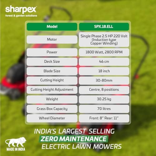 Sharpex 1800W Electric Lawn Mower 18 Inch Blade | Made in India | 70L Grass Catcher | 8 Cutting Heights (30–80mm) | Tools Kit Included | Suitable for 2,500–10,000 sq.ft | Single Phase 2.5HP Motor, Red 2