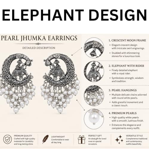 Vintage Oxidised Silver Elephant Pearl Drop Earrings for Women & Girls | Boho Tribal Chandbali Earrings | Traditional Ethnic Statement Jewelry | Party, Festive 5