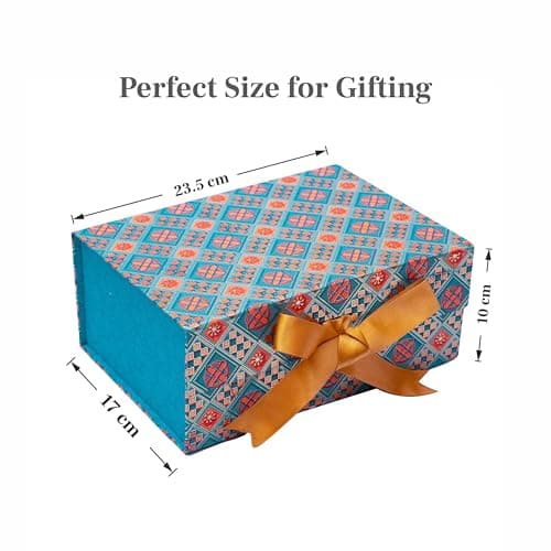 Boxotica Blue Patterned Small Gift Box – Foldable Rigid Hamper with Ribbon & Greeting Card, Reusable Keepsake Box for Dry Fruits, Weddings, Birthdays, Housewarming Return Gifts, Thambulam & Vratham Ki 2