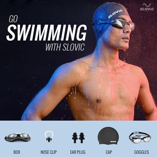 SLOVIC Swimming Goggles & Cap Combo | Anti-Fog Swimming Goggles for Men | Swimming Cap for Men | UV Protected Swimming Goggle for Women with Adjustable Straps | Unisex Swim Accessories [Black] 5