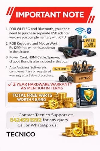 TECNICO Victory Desktop CPU Set, Core I3 2120 2.2GHz, 8 GB DDR3 RAM, 128 GB SSD, RGB Keyboard Mouse Set, WiFi 6, Bluetooth, Speakers, Headphone (Include Monitor 20" Led) 4