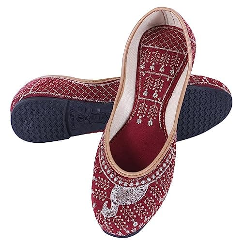 IndieStride Women Ethnic Rajasthani Embroidery Punjabi Mojari's Shoe Juti Jutti’s, Color - Red, UK Size - 9