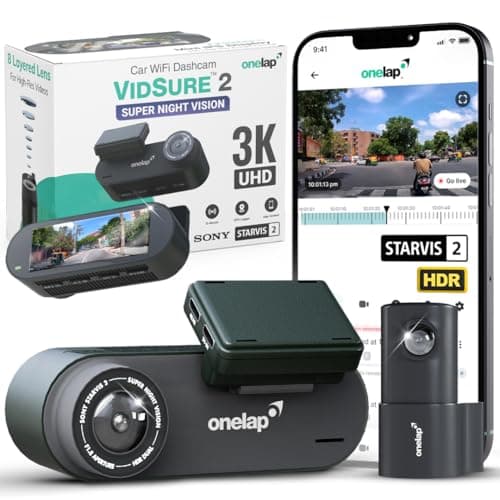 Onelap Vidsure™ 2 (2026 New Launch Front + Rear) - 3K UHD Dashcam for Car | Real STARVIS 2 IMX675 (Super Night Vision) | 5MP 3K UHD Front | 2MP 1080p FHD Rear | 3.2" LCD | 5.8Ghz WiFi | HDR