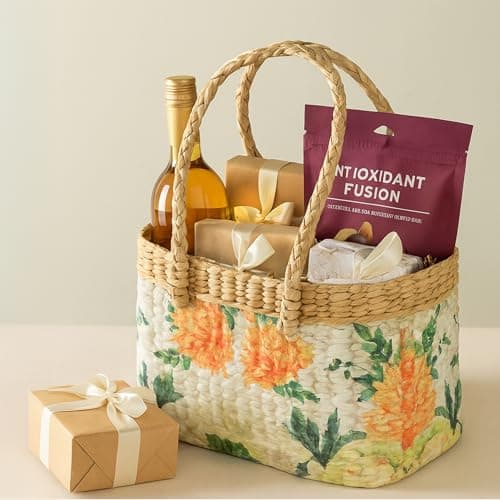 Habere India-All the Cultures Fabricating India Picnic Baskets | Lunch Bag | Jute/Cane Basket for Gifting | Tiffin Basket | Jute Oval Gift Baskets (Design 06 - L26 x W20 x H18 cm)