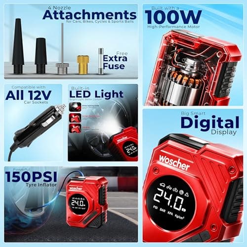 Woscherr Tornado Digital Tyre Inflator for Car and Bike, Air Pump for Car Tyre, 150 PSI 12V DC Car Inflator with Digital Pressure Gauge, LED Light | Tyre Inflator Kit | 1+1 Year Warranty 2