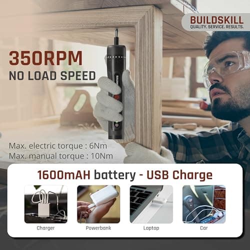 BUILDSKILL 8V cordless screwdriver set - 31 pieces | S2 & CR-V magnetic bits & chuck | forward & reverse function | 1600mAH battery | USB C type charging cable - ideal for DIY & professional use 5