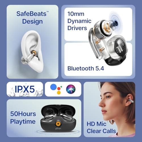 pTron Bassbuds Vortex Clips Wireless Open Ear Earbuds w/Chrome Finish, SafeBeats Tech, 50Hrs Playtime, Dual HD Mic w/AI-ENC, 10mm Driver, Pristine Sound, BTv5.4 Earclips, IPX5,Type C Charging(Black) 3