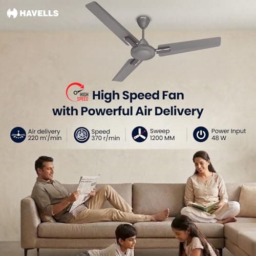 Havells 1200mm Thrill Decor Energy Saving Ceiling Fan| High Speed, High Air Delivery| Strong & Powerful Motor|Air Delivery: 220 m³/min| Speed: 370 RPM| 2 Year Warranty |(Pack of 1, Stone Grey) 4