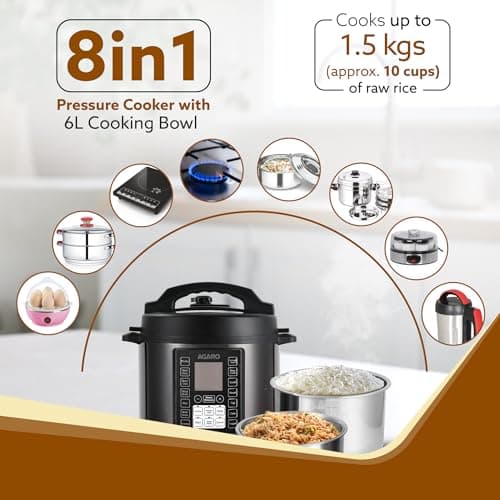 AGARO Imperial Electric Pressure Cooker, 6 litres, 1.5Kgs (approx. 10 cups) raw rice, 14 Pre-Set multi Cooking Functions, Adjustable Pressure, Timer, Stainless Steel Pot, Pressure Cook, Slow Cook 2