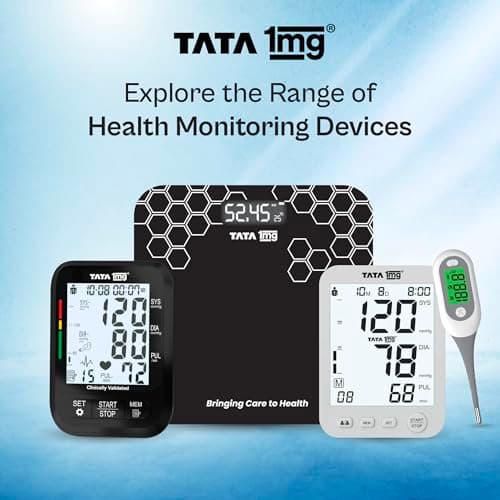 Tata 1mg Wide Screen Blood Pressure Monitor | High Accuracy | Irregular Heartbeat Detection | Large Backlit Display | Universal Cuff | 2-User, 180 Memory | USB-C & Battery | Gold Chip Microcontroller- 4