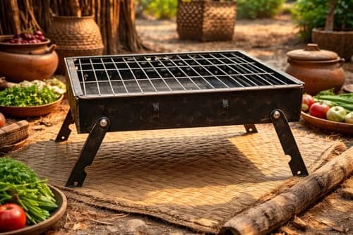 THEODORE Barbecue Grills - Foldable Charcoal Barbeque Grill With (2 Spatula, 1 Bbq, 12 Stick, 1 Air Blower) | Outdoor bbq grill tools for Camping Picnics Traveling - Stellar Black (Barbecue set) 5