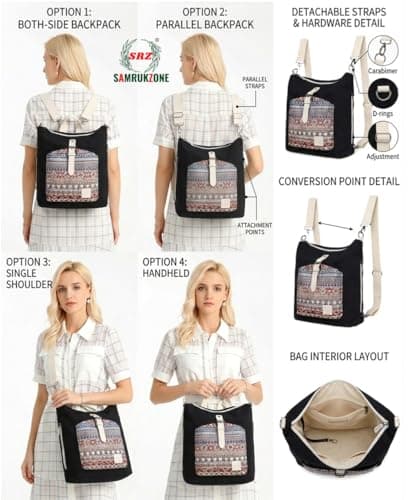 SAMRUKZONE SRZ Ethnic Print Convertible Canvas Backpack for Women 3-in-1 Multi-Way Carry Shoulder Bag Handbag Backpack Travel College & Office Daily Use Bag (38x30x14 cm) (GREYISH_BROWN) 4