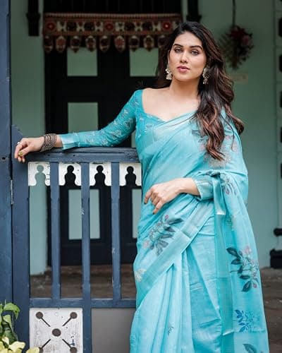Kaugalian store Linen Cotton Floral Printed Light Blue Saree For Women With Unstitched Blouse Piece 2