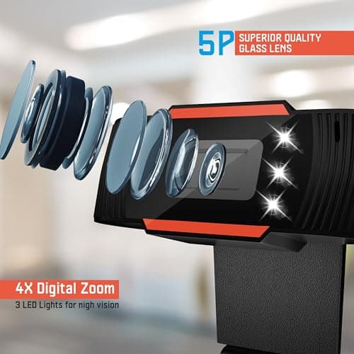 Zebion Vision Webcam HD 720p, Driverless DSP Chip, 4X Digital Zoom|Digital Video|CMOS Sensor|Built-in Mic| LED Lights, 30fps, Plug and Play USB Interface, Auto White Balance (USB 2.0) 5