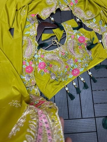 Fashion Since Women's Chinon Silk Embroidery Sequence Work Crop Top with Flared Sharara and Shrug Set Ethnic Salwar Set Pista Wedding 4