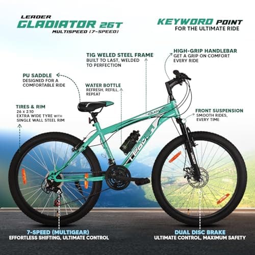 Leader Gladiator 26T Mountain Bike Multispeed (7 Speed) Gear Cycle | Free Pan India Installation| Front Suspension and Disc Brake (Sea Green Black) 5
