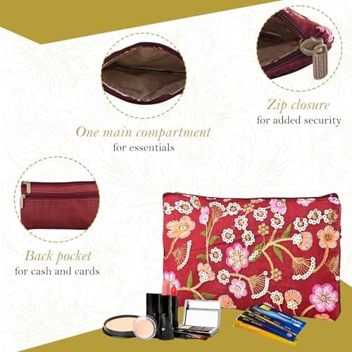 Kuber Industries 3 Pcs Traditional Hand Purse Ladies with Zip | Embroidery Wallet Purse for Women| Return Gift for Ladies | New Flower - Cream, Maroon & Light Pink 5