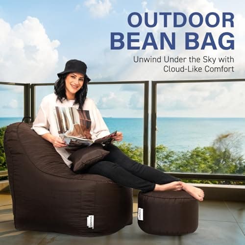 Amazon Brand - Solimo 4XL All Weather Water Resistant Lounger Bean Bag Combo with Footrest & Cushion, Filled with Beans | Multifunctional Pocket| Capacity: Upto 6'5'' Height, 125 KG Weight | Brown 3