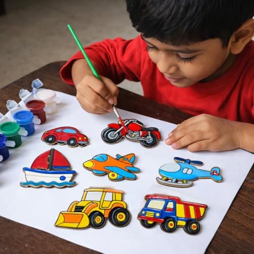 ImagiVibe Paint Your Own 9 Transport Vehicles Fridge Magnet DIY Kit for Kids | Transport Theme MDF Painting Craft Set | Creative Art & Craft Activity | Made in India (Transport) 3