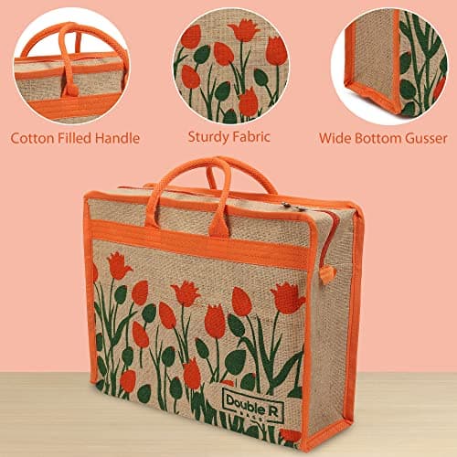 DOUBLE R BAGS Jute Eco-Friendly Tote Bag: Stylish, Spacious, and Sustainable - Perfect for Everyday Errands and Adventures! (Orange, Pack of 3) 2