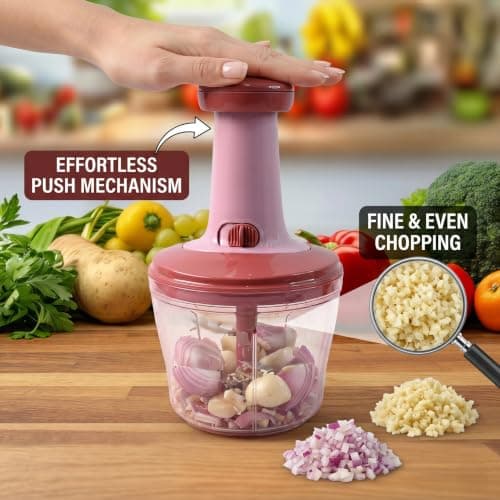 Apex Quba Manual Push Chopper (1000ml) | Heavy Duty Vegetable Chopper & Mixer with 3 Sharp Stainless Steel Blades & Whisk Attachment for Chopping, Blending & Pureeing (Pink/Burgundy) 5
