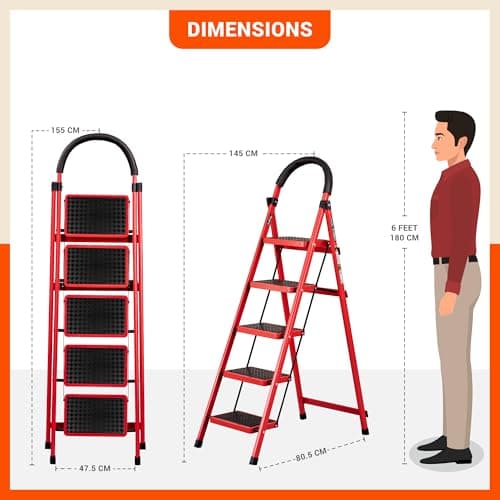 Bathla Everest 5-Step Steel Ladder with Safety Hand Grip | Anti-Skid Wide Steps (30L x 20W cm) | Lightweight, Foldable Ladder for Home & Office | 150Kg Load Capacity | 2 Year Warranty (Red) 5