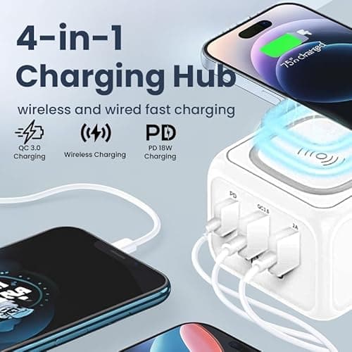 Moosh USB Charger Multi Port Wireless Charging Station 33W Cube with 10W Wireless Charging Dock 18W Power Delivery Type C Port + QC 3.0 + USB A Home Charger 1.5M Cable India Pin Smart Charger (White) 3